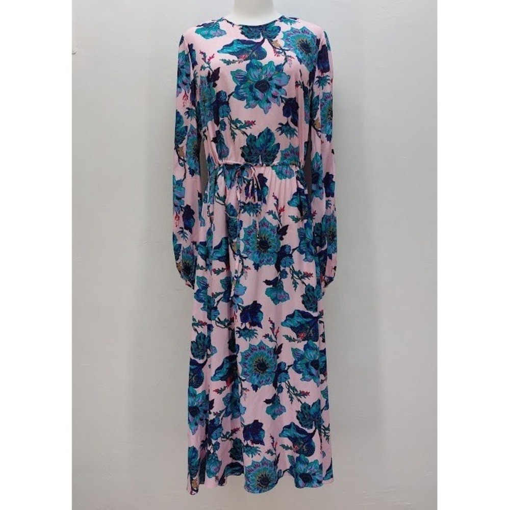 Diane von Furstenberg Maxi Dress Women's 8 Pink Floral Silk Blend Long Sleeve
